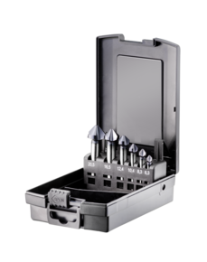 HSS-Co5 TiALN U Nut Kegelsenker Satz 6tlg. 90° DIN 335 Form C, ungleiche Teilung, 3kant Schaft, 5 Schneiden, PREMIUM (6,3 and 10,4 mm 3 Schneiden)